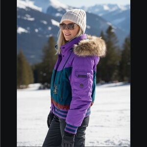 Bogner Vintage Ski Jacket Bright Colors With  Fur Trimmed Hood